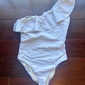 Zara White Textured One-Shoulder Ruffle Swimsuit